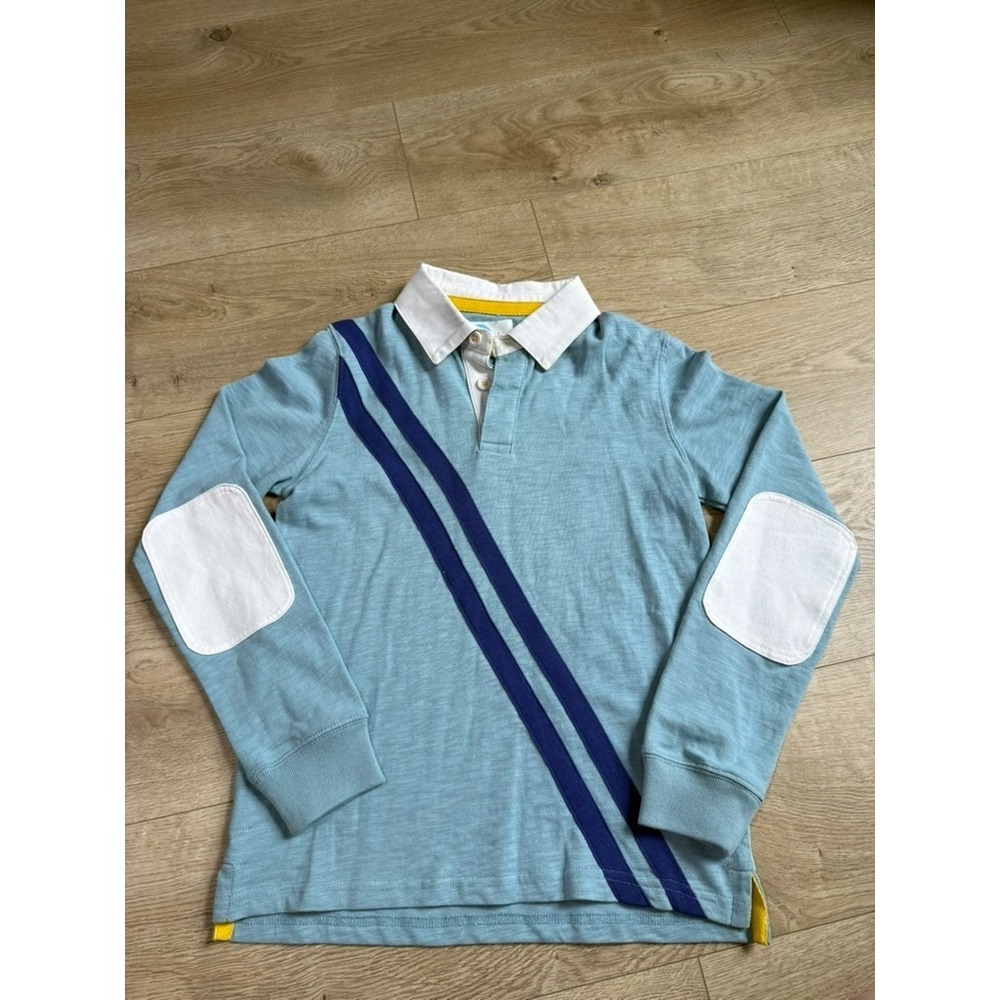 EUC Boys Mini Boden rugby style long sleeve polo patch elbow blue star sz 11-12y